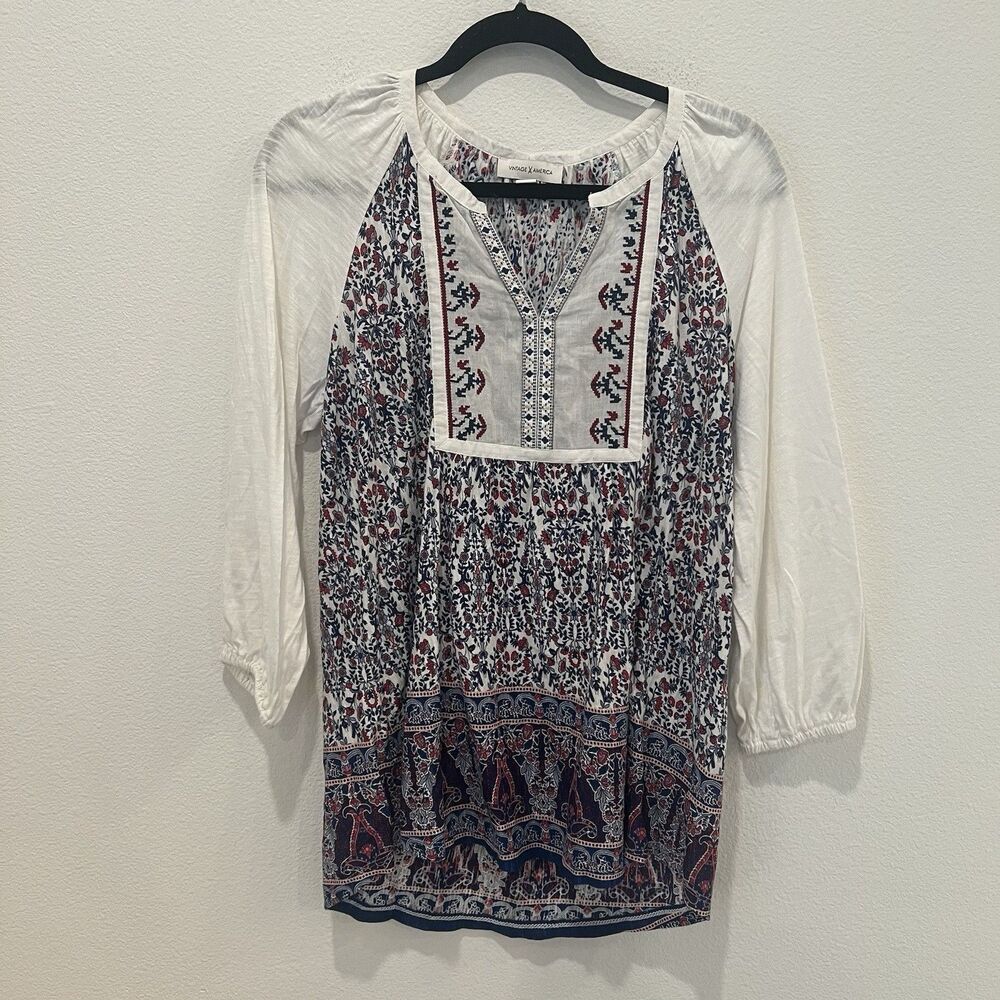 Vintage America Women's Long Sleeve Pine Blouse Top, Small, White